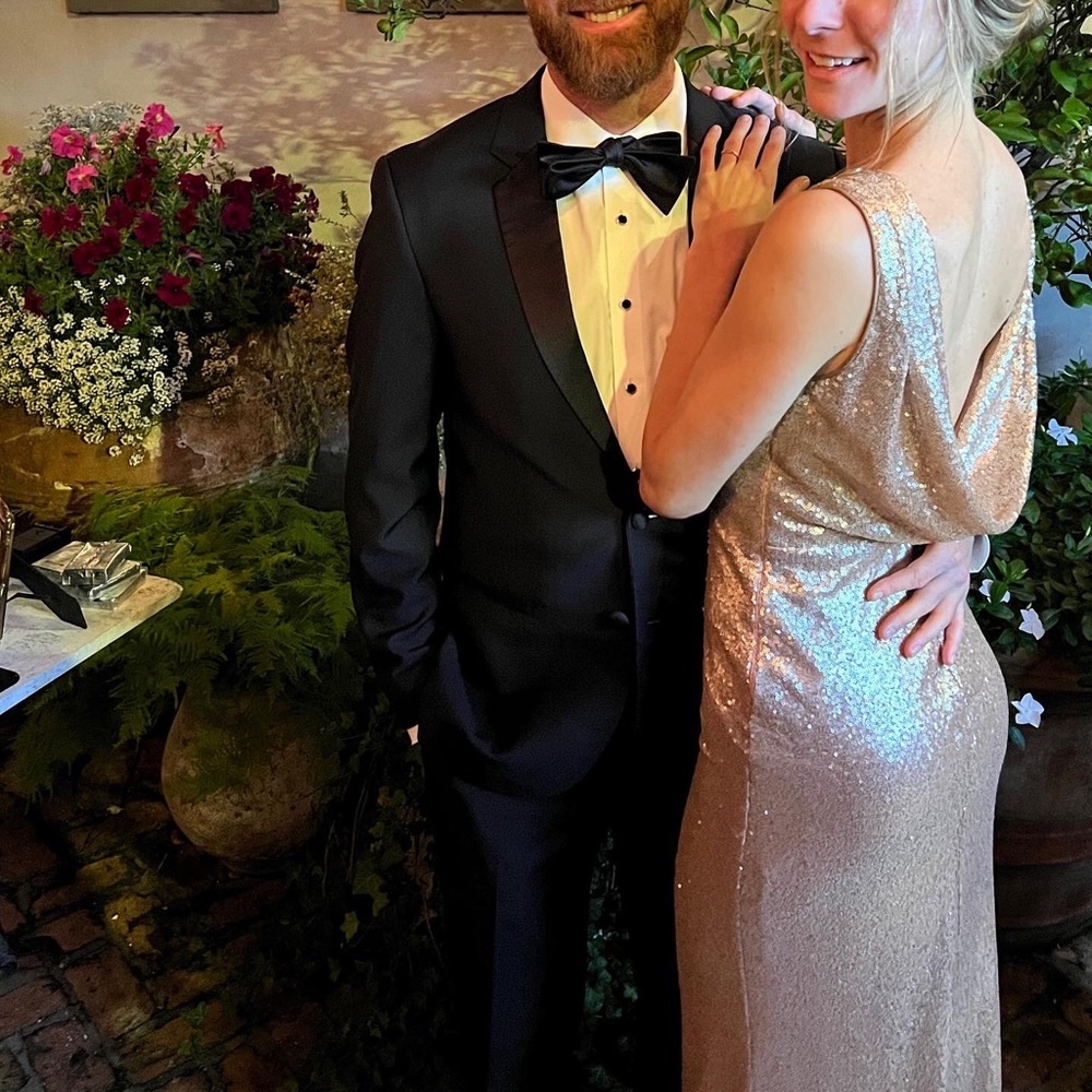 SOLD Lulu’s Slink and Wink Matte Rose Gold Sequin Maxi Dress